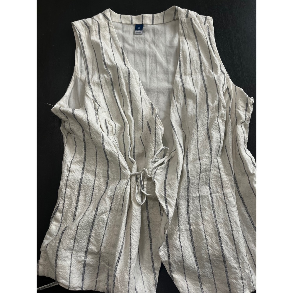 Old Navy Womens XL Ivory Navy Blue Striped Sleeveless Side Tie Wrap Vest Linen - Picture 2 of 9